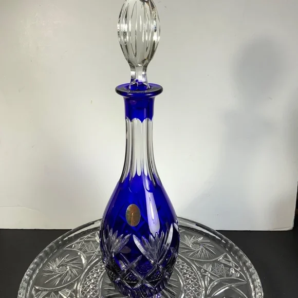 Dresden Crystal Bleikristall Blue Wine Decanter Cut to Clear Germany 14 in #BA85 - Picture 1 of 10